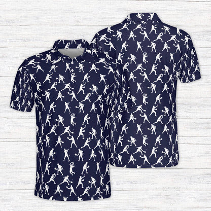 Navy sports polo shirt with tennis player pattern, front view