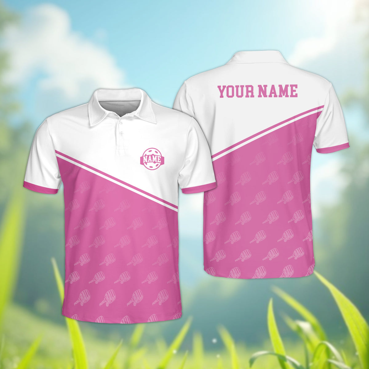 Front view of the personalized polo shirt with pink lower half and custom chest graphic
