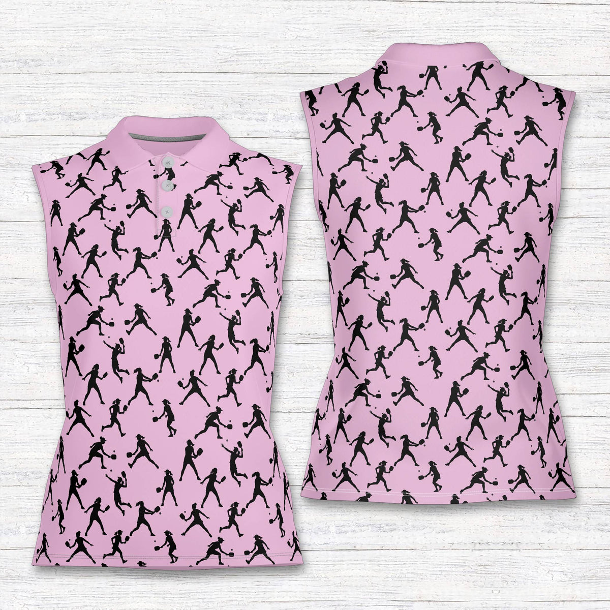 Pink sports polo shirt with tennis player pattern, front view