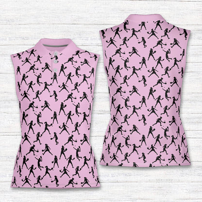 Pink sports polo shirt with tennis player pattern, front view