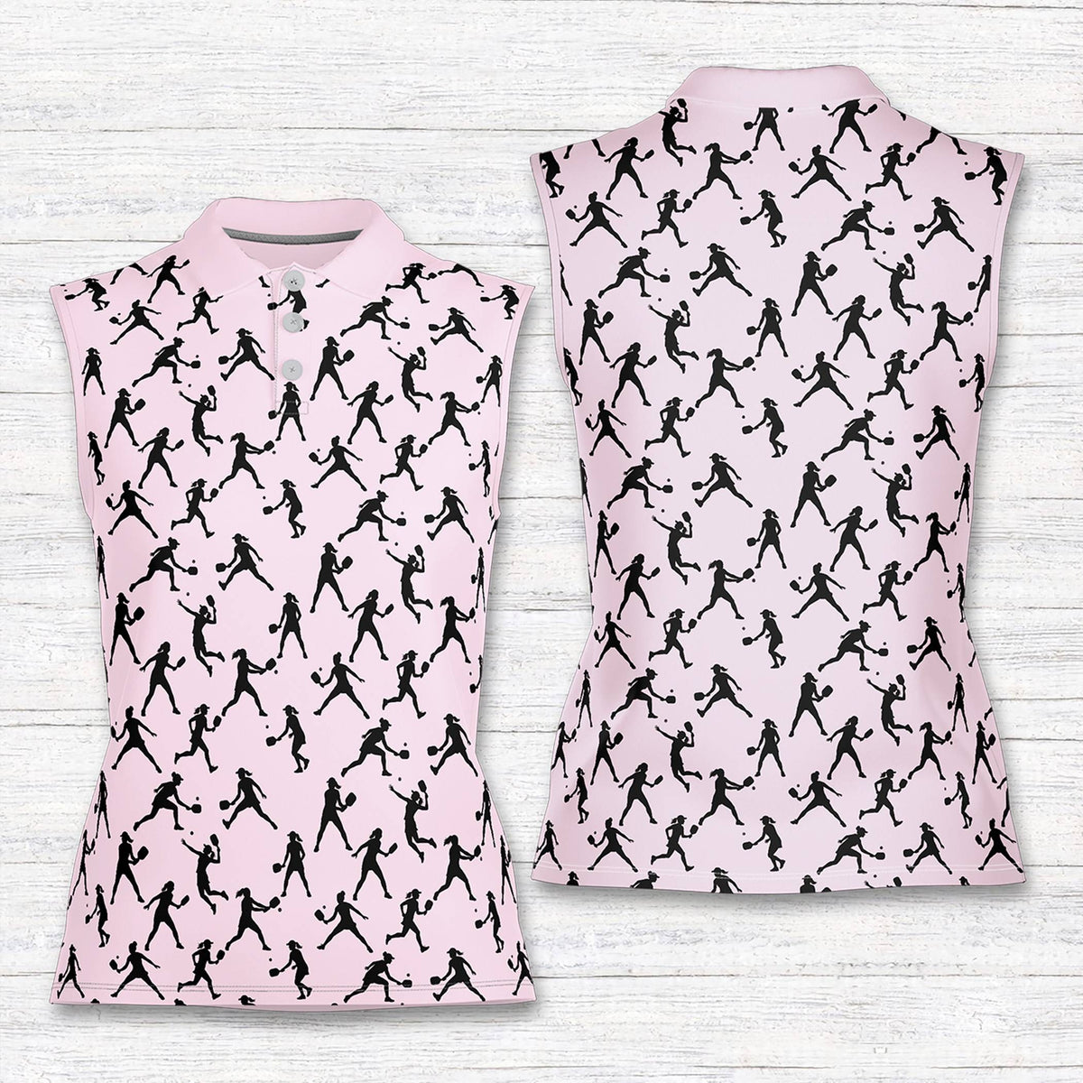 Pink sports polo shirt with tennis player pattern, alternate front view