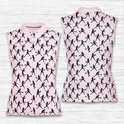 Pink sports polo shirt with tennis player pattern, alternate front view
