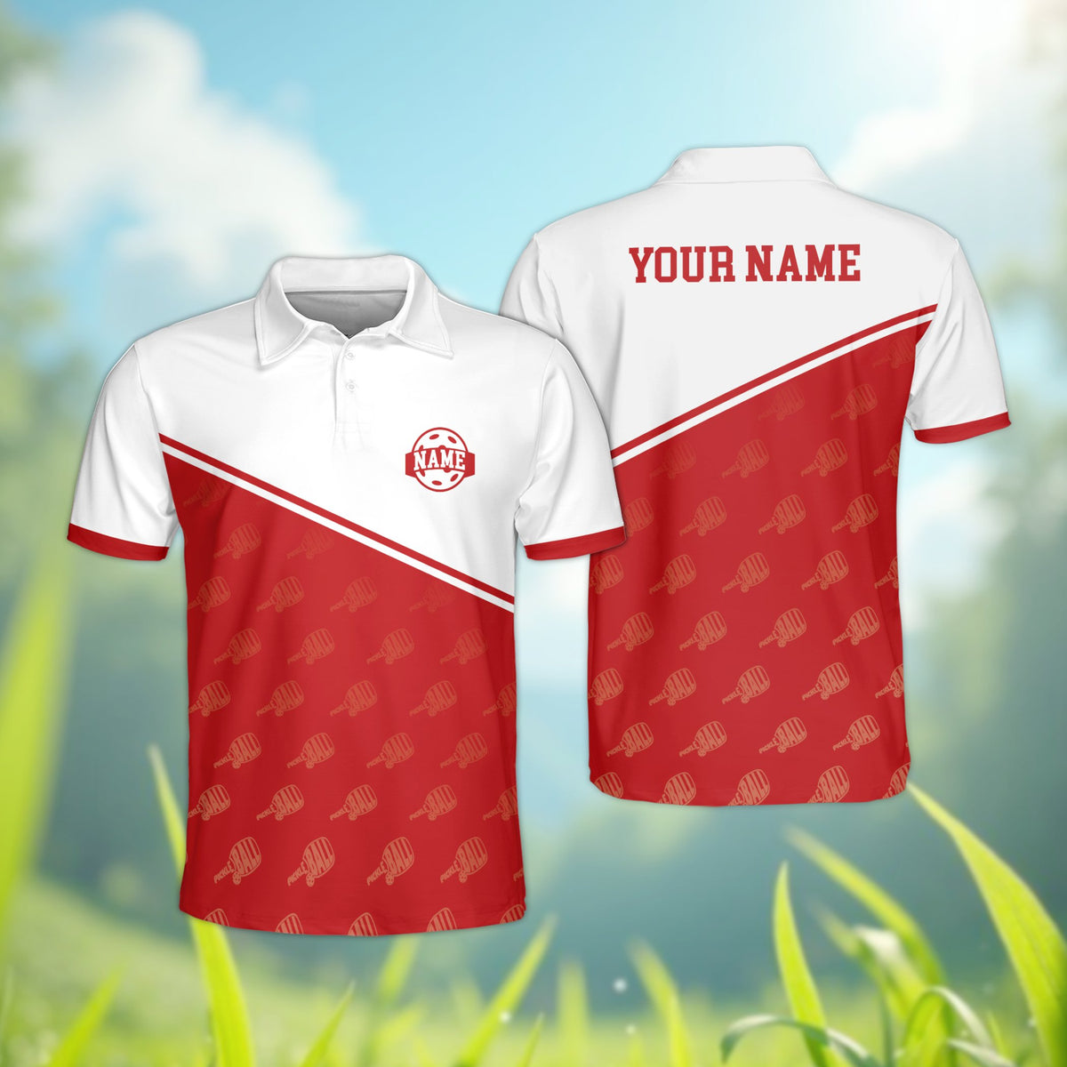 Front view of the custom polo shirt with red lower half and pickleball paddle pattern