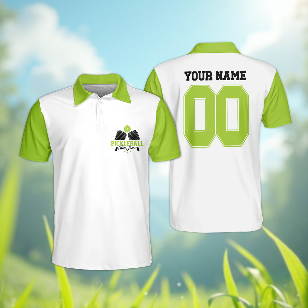 White solid polo shirt with custom name and number and pickleball design, main view