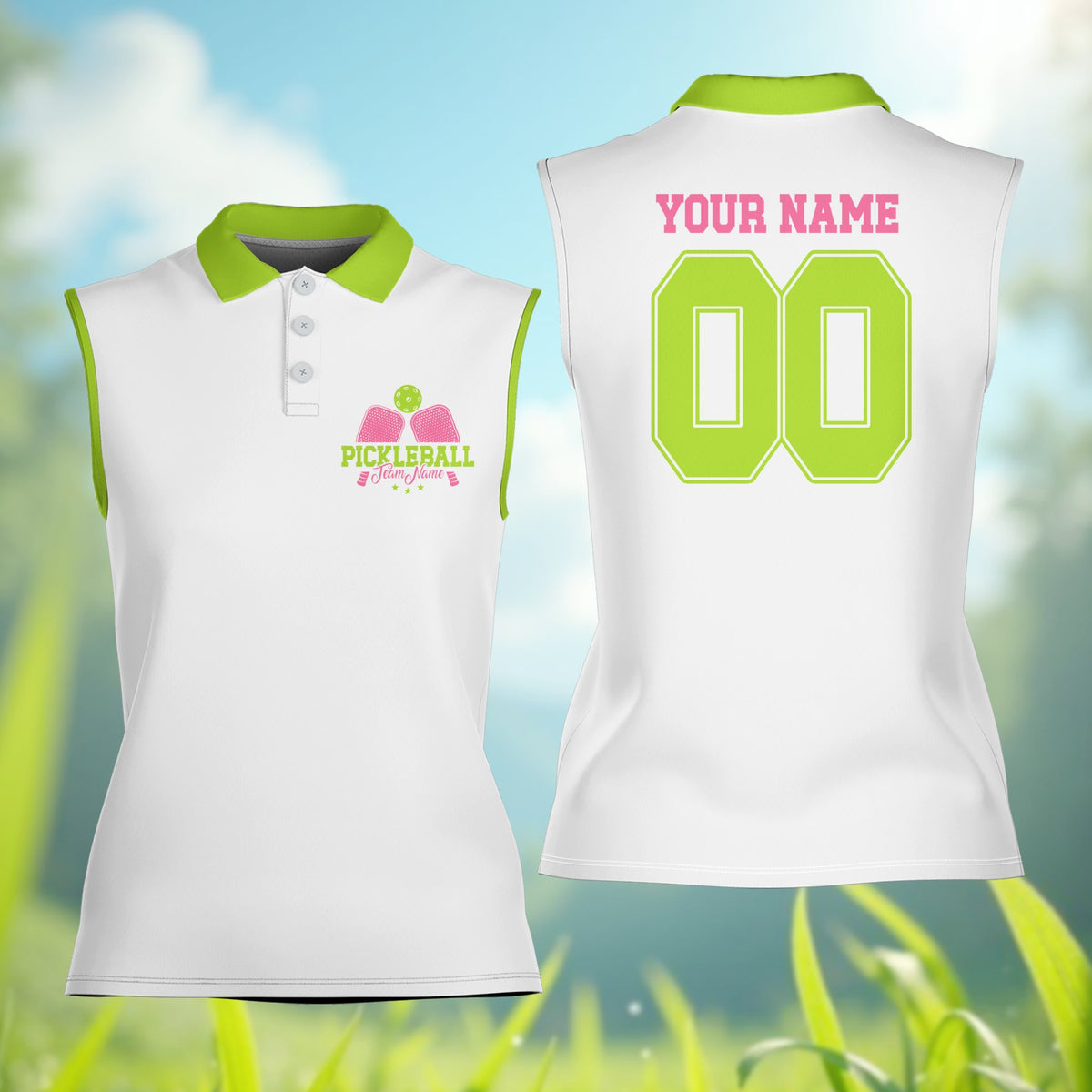White custom polo shirt featuring pickleball design, front view