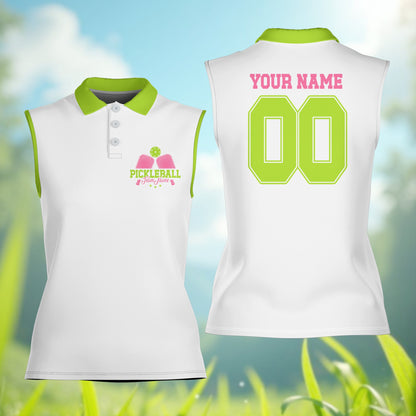 White custom polo shirt featuring pickleball design, front view