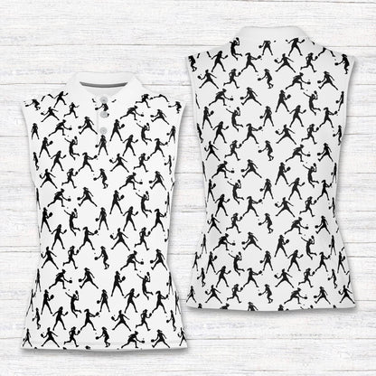 White sports polo shirt with tennis player pattern, front view