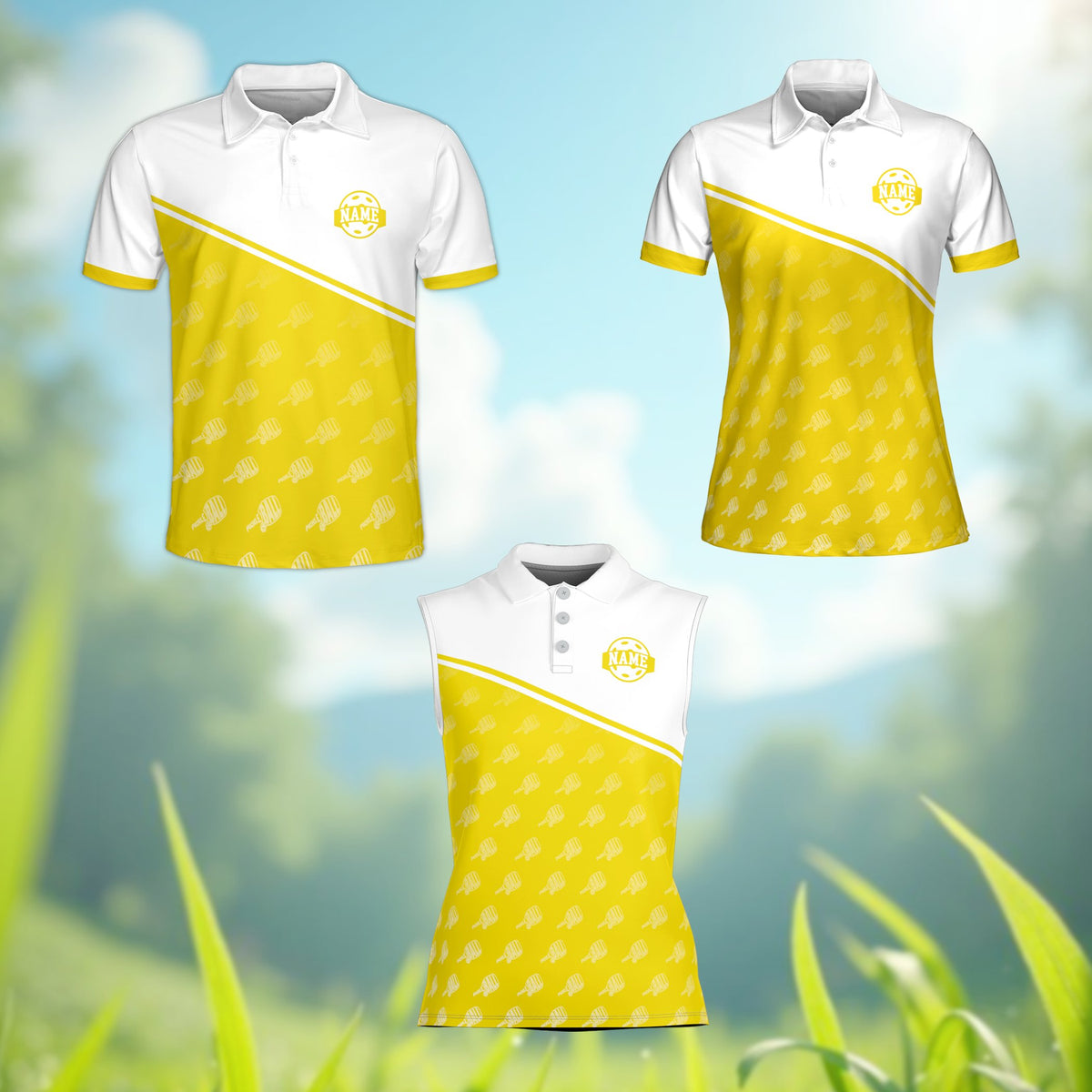 Front view of the personalized white sports polo shirt with yellow lower half