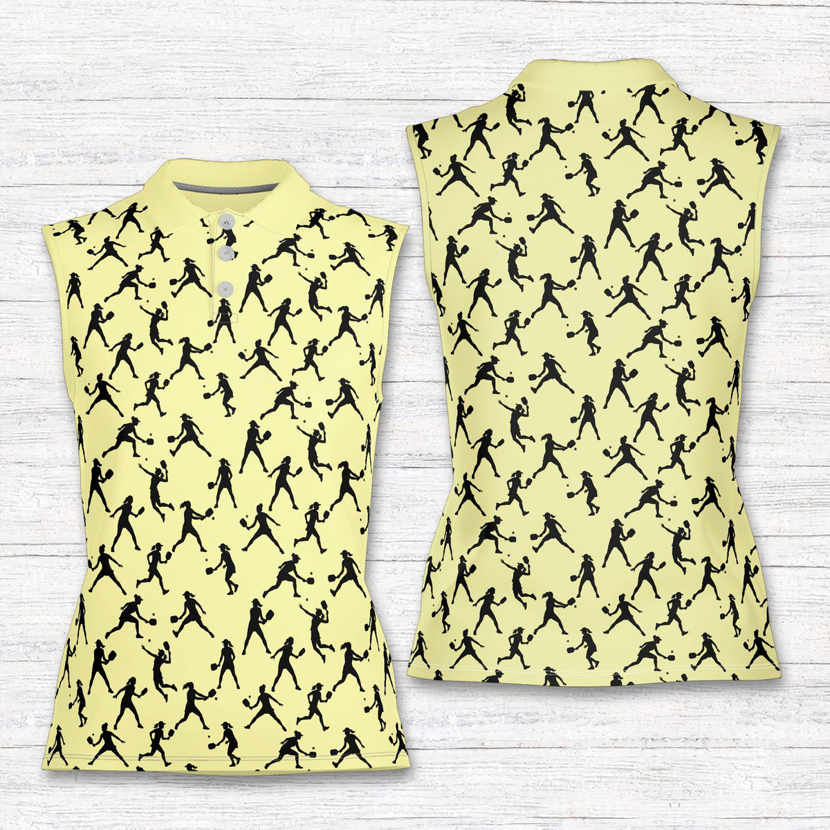 Yellow sports polo shirt with tennis player pattern, front view