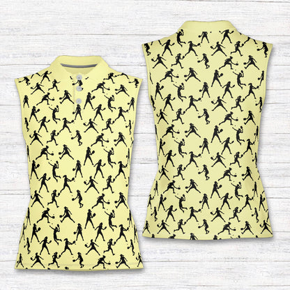 Yellow sports polo shirt with tennis player pattern, front view