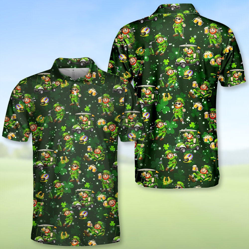 Alternative front view of the dark green holiday polo shirt