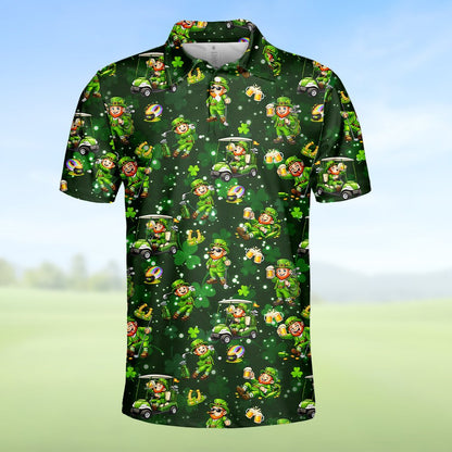 Close up front view of the leprechaun golf polo shirt design