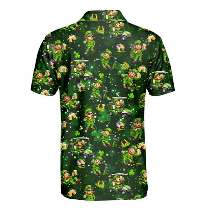 Main view of the green patrick polo shirt featuring St. Patrick's Day golf leprechauns