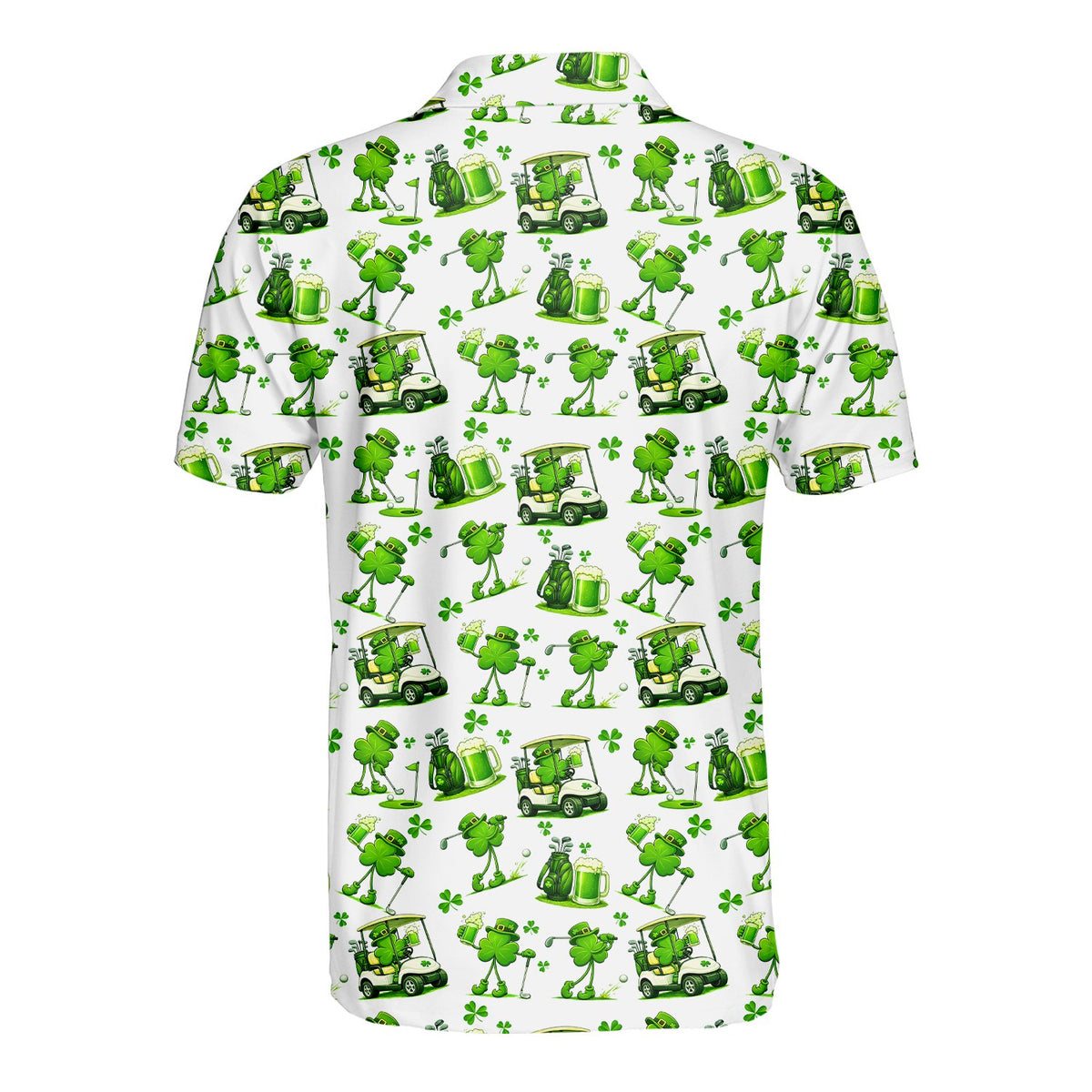 Back view of the white St. Patrick's Day golf polo shirt