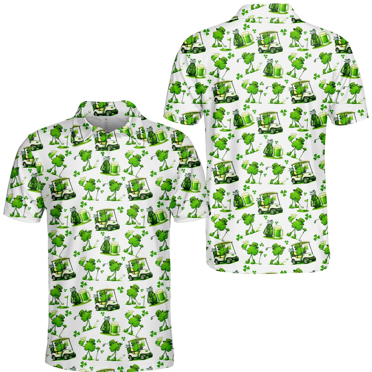 White St. Patrick's Day golf polo shirt with golfing shamrocks pattern, front view