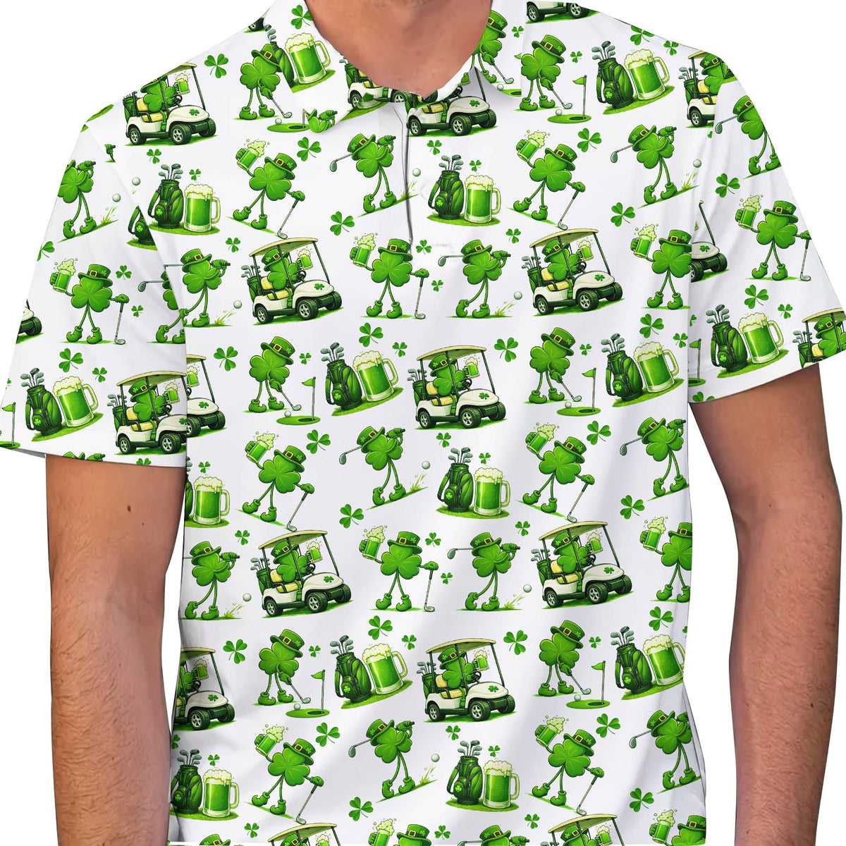 Second lifestyle view of the St. Patrick's Day golf polo shirt outdoors