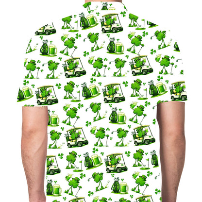 Third lifestyle view of the St. Patrick's Day golf polo shirt on the golf course