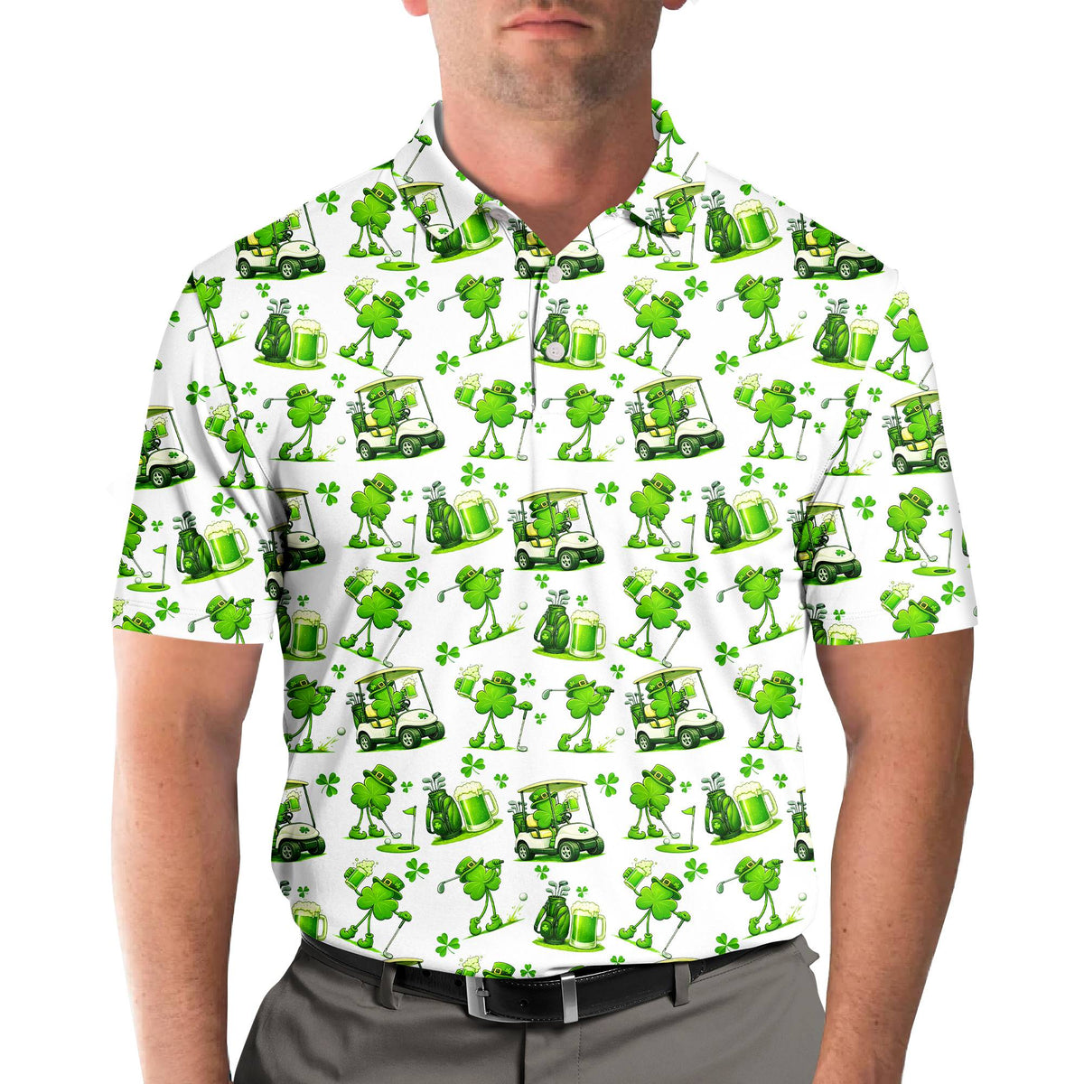 Lifestyle view of a person wearing the St. Patrick's Day golf polo shirt