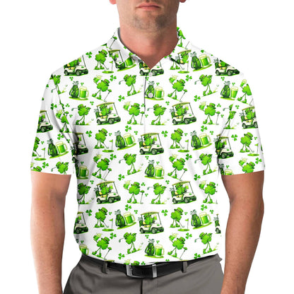 Lifestyle view of a person wearing the St. Patrick's Day golf polo shirt