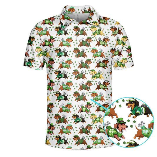 White patrick polo shirt featuring golfing dachshunds and shamrocks, main view