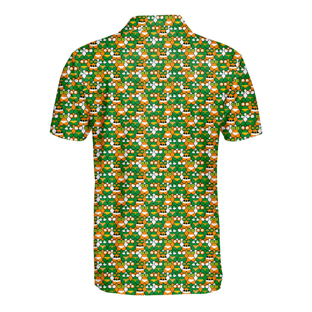 Back view of the St. Patrick's Day polo shirt showing the continuous geometric pattern