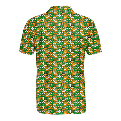 Back view of the St. Patrick's Day polo shirt showing the continuous geometric pattern