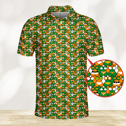 Close-up of the collar and geometric pattern on the St. Patrick's Day polo shirt