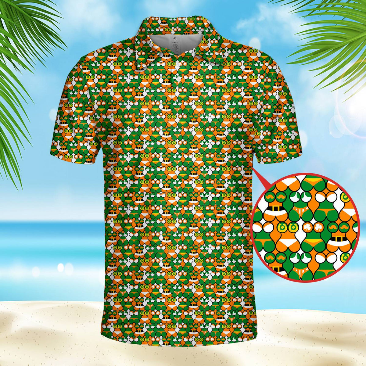 Detailed view of the shamrock and leprechaun illusion design on the polo shirt