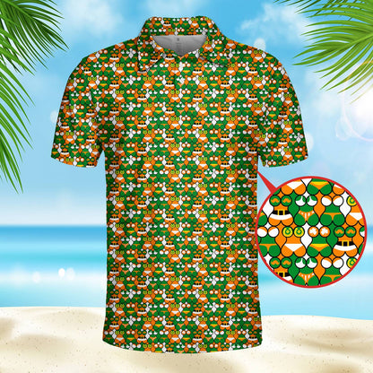 Detailed view of the shamrock and leprechaun illusion design on the polo shirt