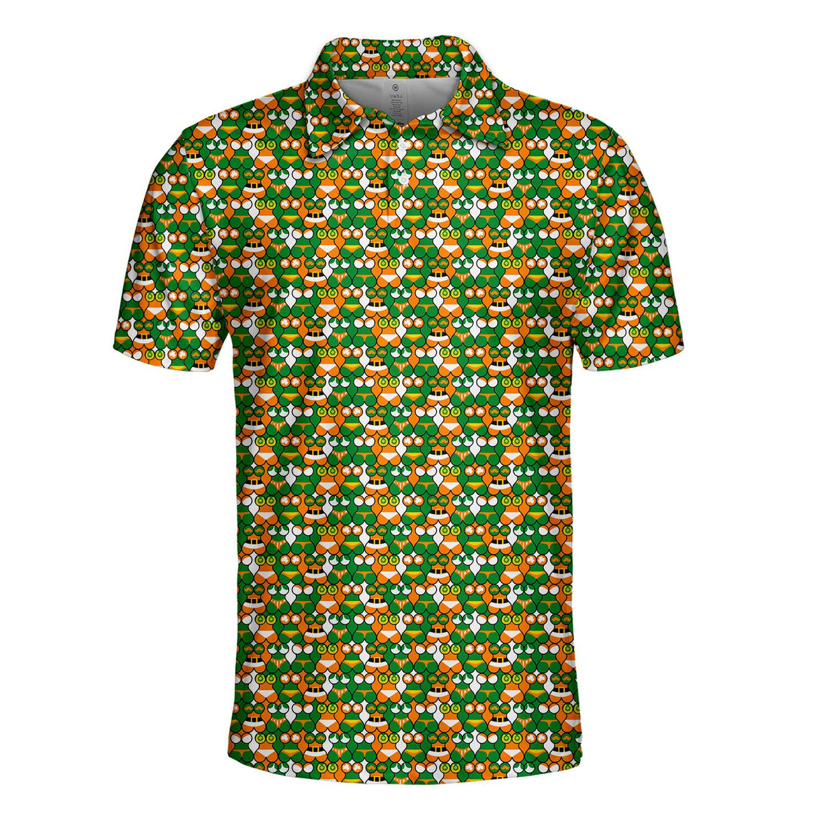 Lower half view of the geometric green and orange pattern on the polo shirt