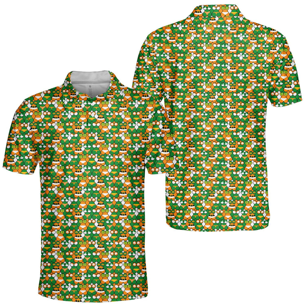 Another angle showing the intricate geometric design of the St. Patrick's Day polo shirt
