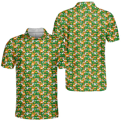 Another angle showing the intricate geometric design of the St. Patrick's Day polo shirt