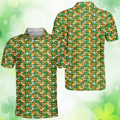 Full front view of the vibrant green, orange, and white geometric polo shirt