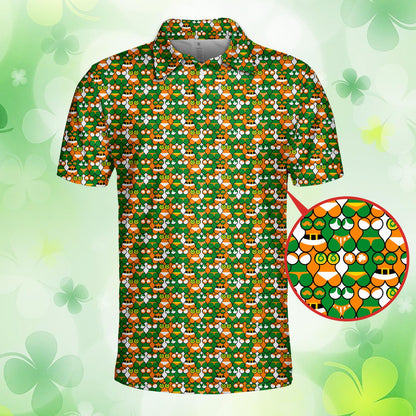 Front detail of the green and orange geometric St. Patrick's Day polo shirt