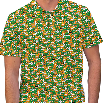 Lifestyle image of a person wearing the geometric St. Patrick's Day polo shirt outdoors