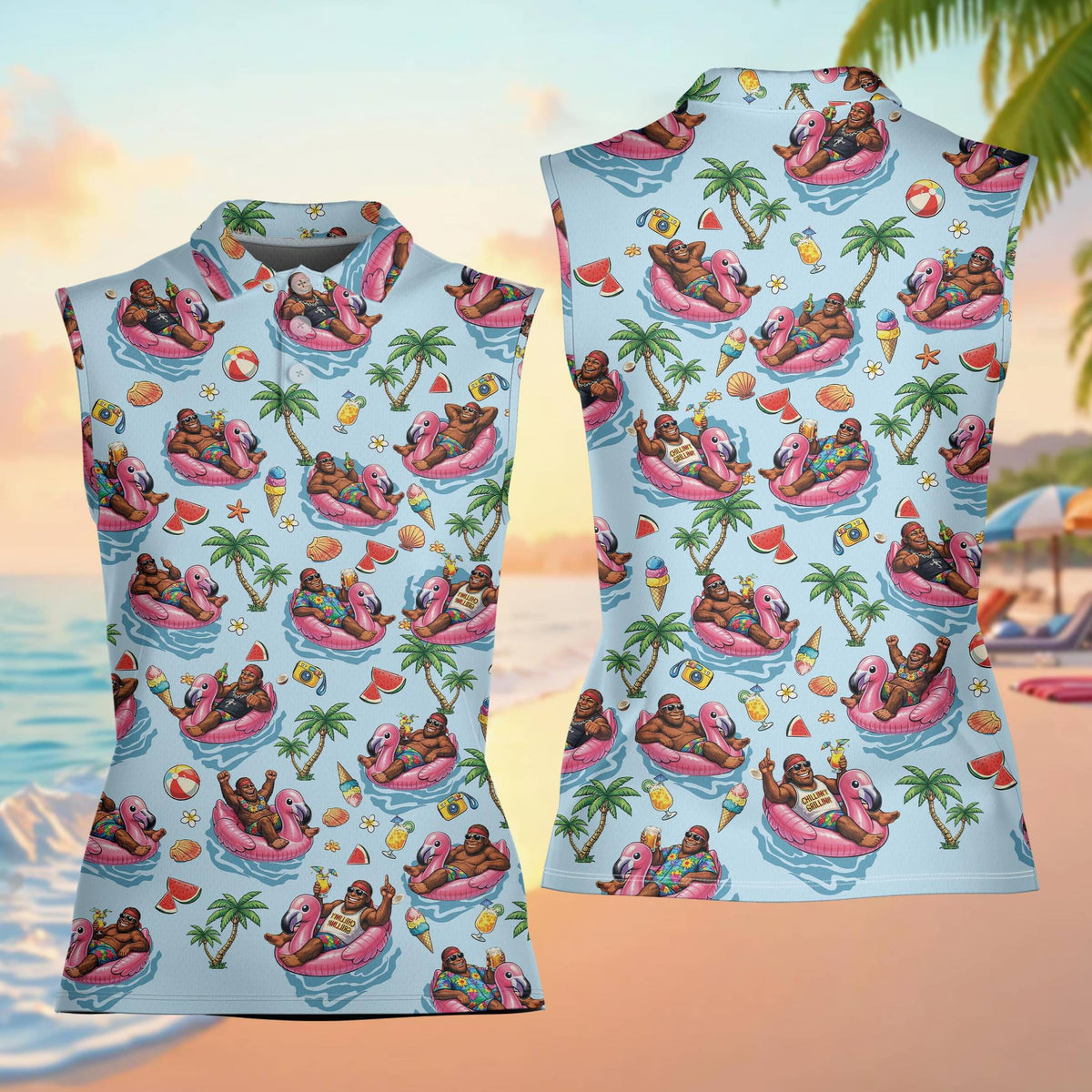 Front view of the light blue tropical polo shirt with palm trees and watermelons