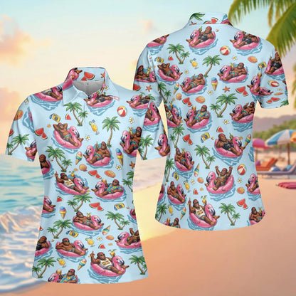 Detailed front view of the summer polo shirt showing the relaxing gorilla pattern