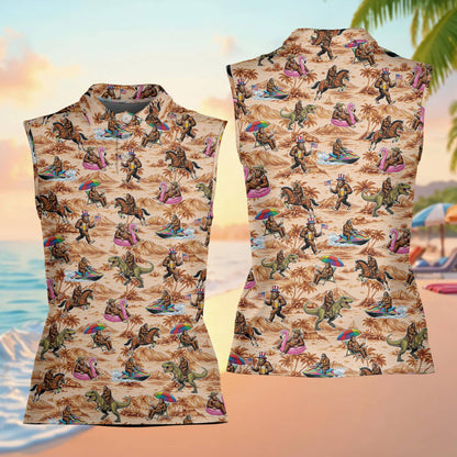 Front view of the beige summer polo shirt showing Bigfoot riding a dinosaur and jet skiing