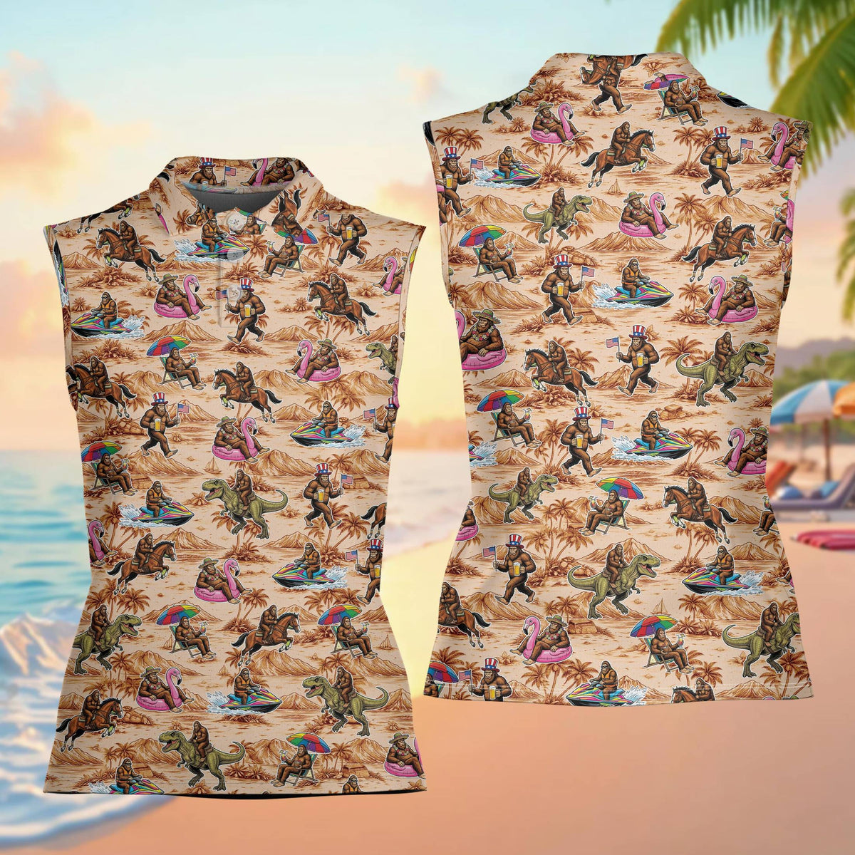 Main view of the beige summer polo shirt featuring an all-over Bigfoot summer activities print