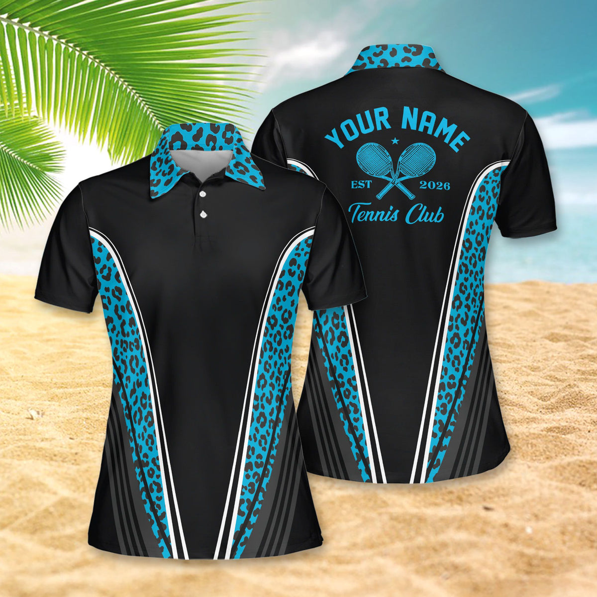 Front view of personalized polo shirt with tennis design