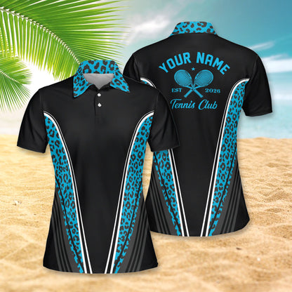 Front view of personalized polo shirt with tennis design