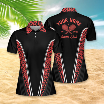 Front detail of black tennis polo shirt showing leopard side panels