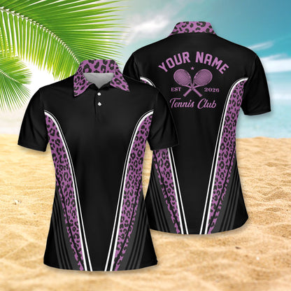 Front view of black tennis polo shirt with abstract accents
