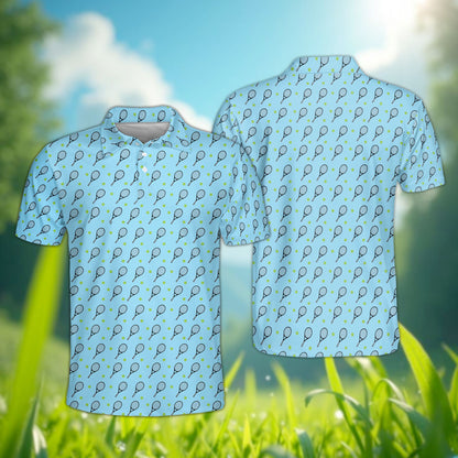 Front view of blue polo shirt with tennis racket pattern