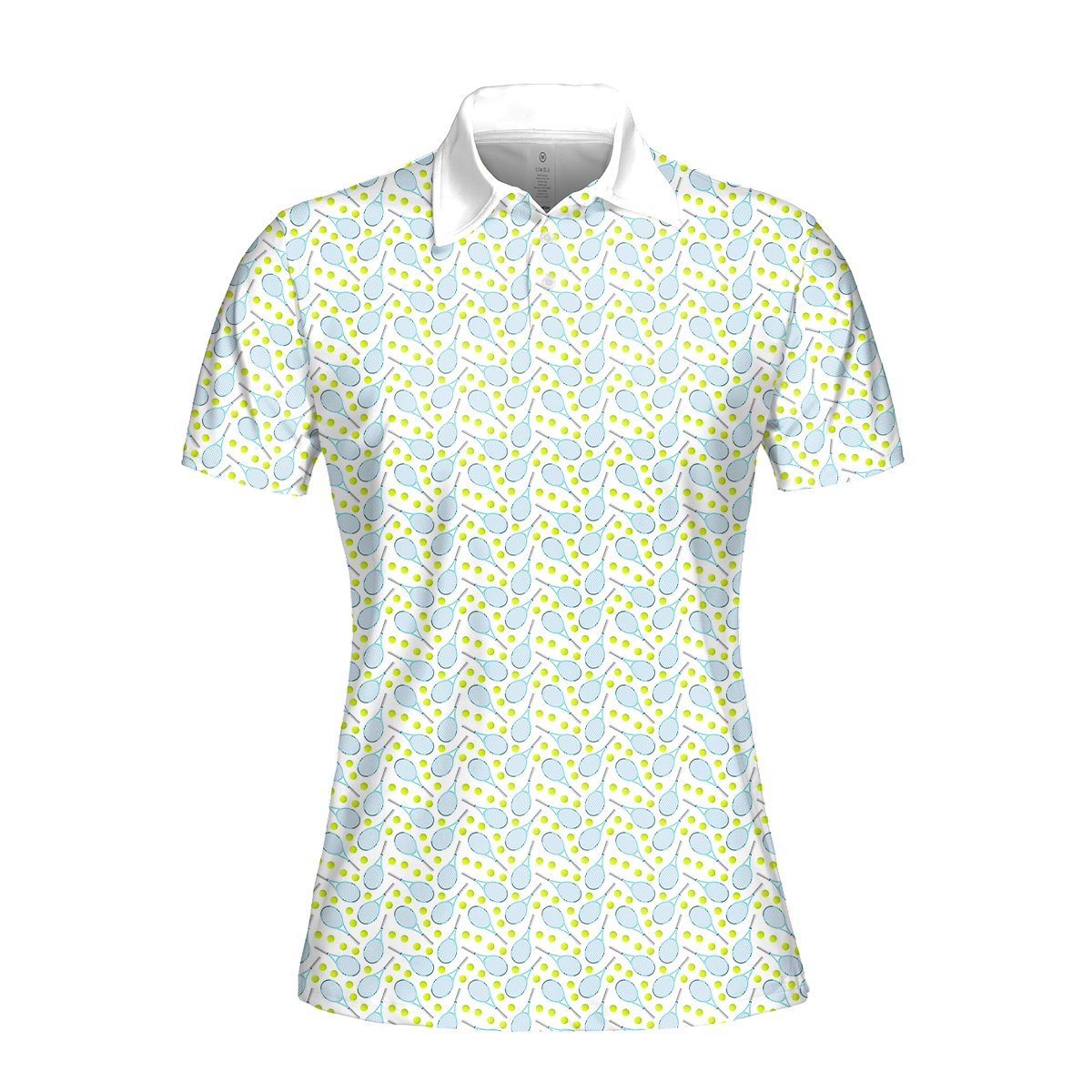 Another front view of the white polo shirt with tennis design