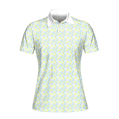Another front view of the white polo shirt with tennis design