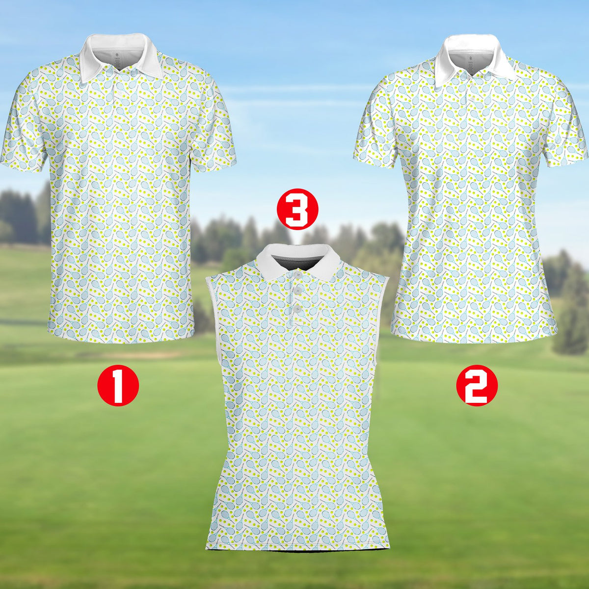 Detail front view of the rackets and balls pattern polo