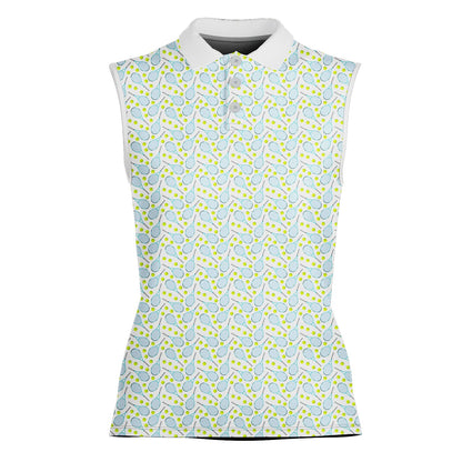 Front view of the tennis polo shirt showing blue rackets and yellow balls