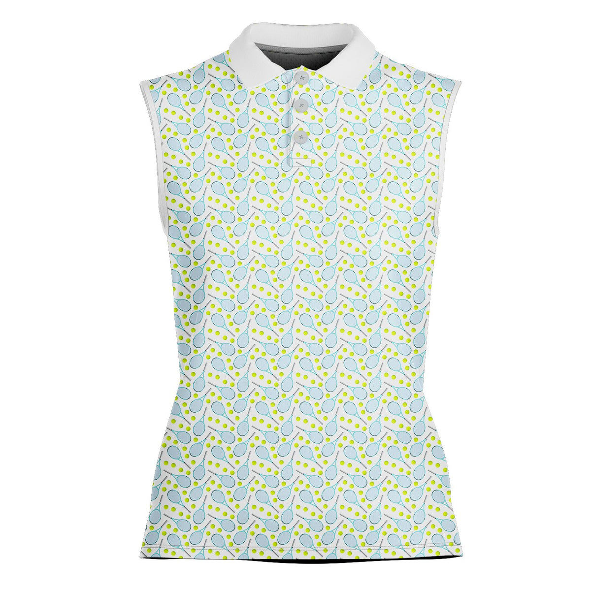 Tennis polo shirt with rackets and balls pattern on white background
