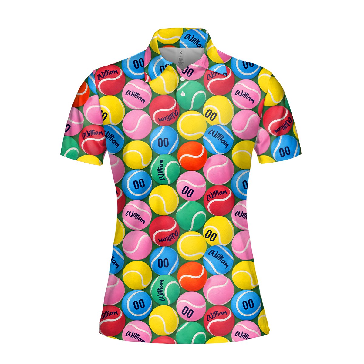 Front view of the custom multicolor tennis ball polo shirt